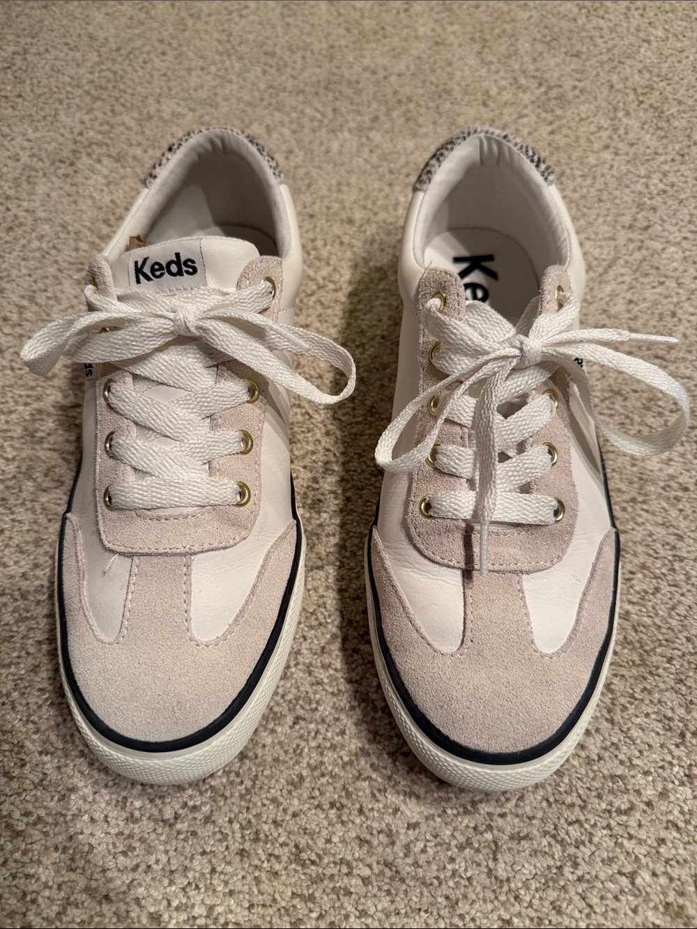 Keds Beige & White Lace-Up Sneakers with Gold-Tone Eyelets